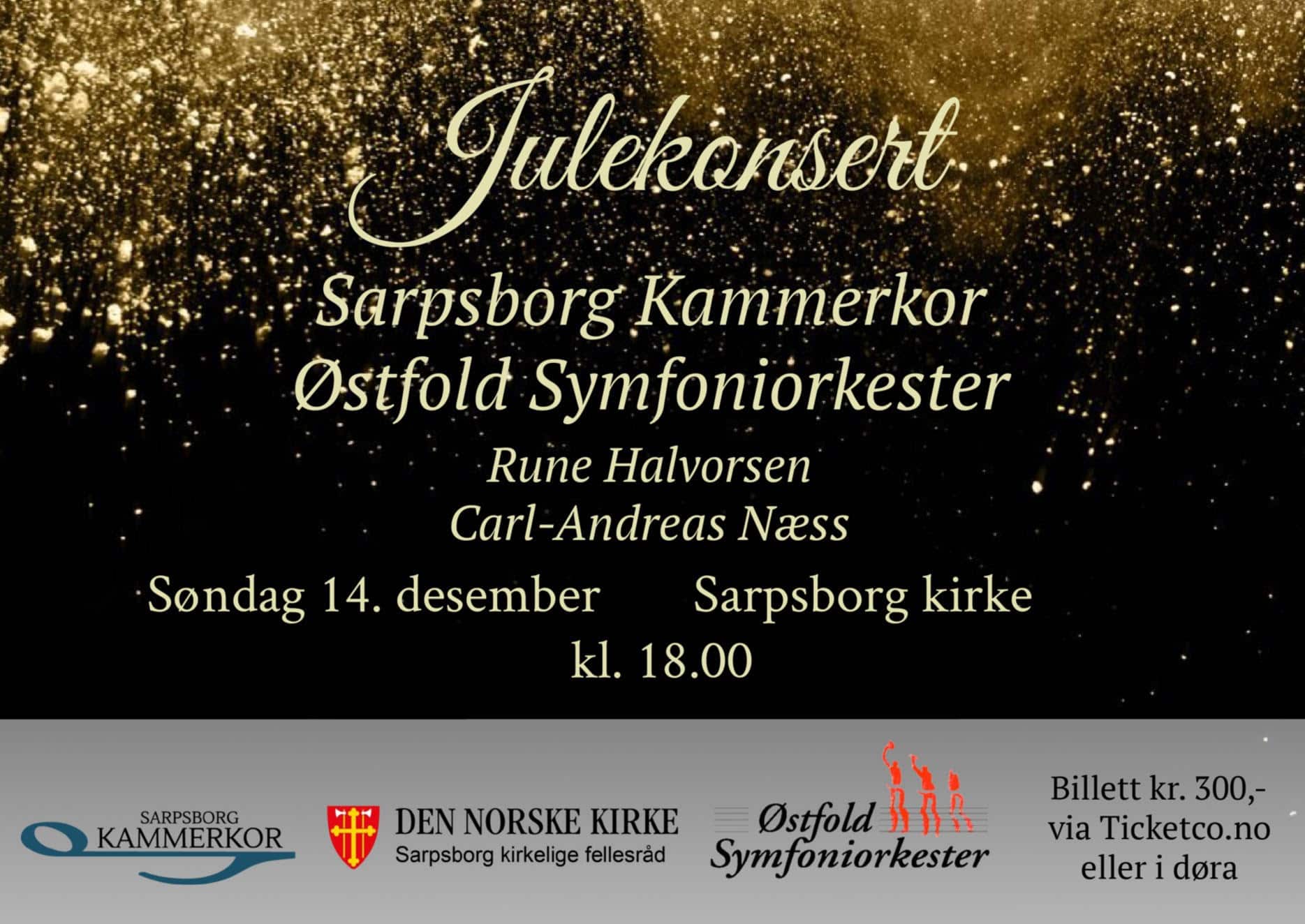 Plakat for julekonsert i Sarpsborg kirke 14. desember med Sarpsborg Kammerkor og Østfold Symfoniorkester.